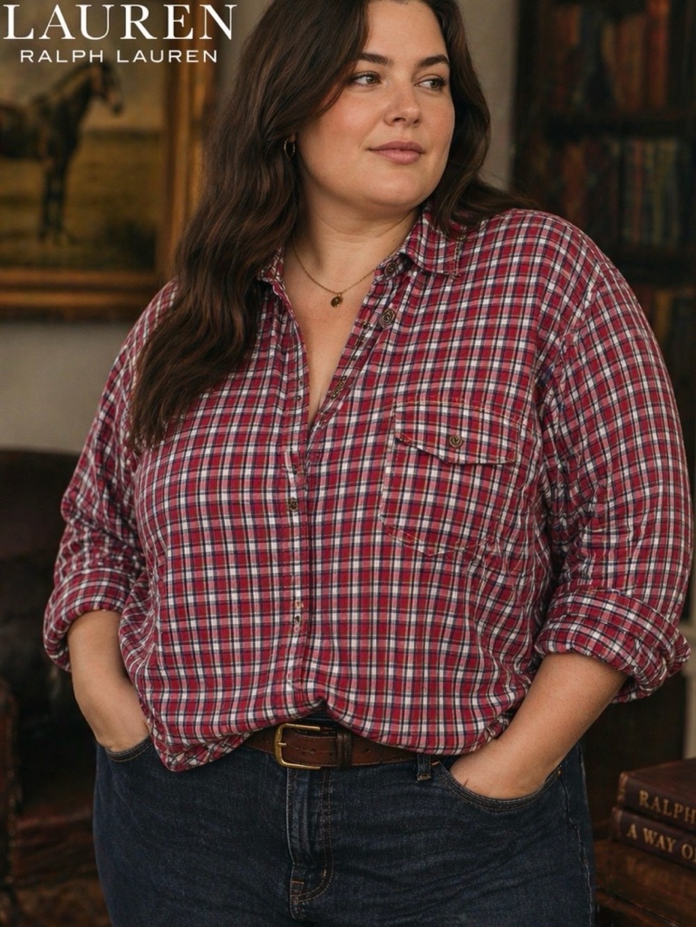 Lauren Ralph Lauren Vintage Red & White Country Plaid Button-Up Plus Size 3X